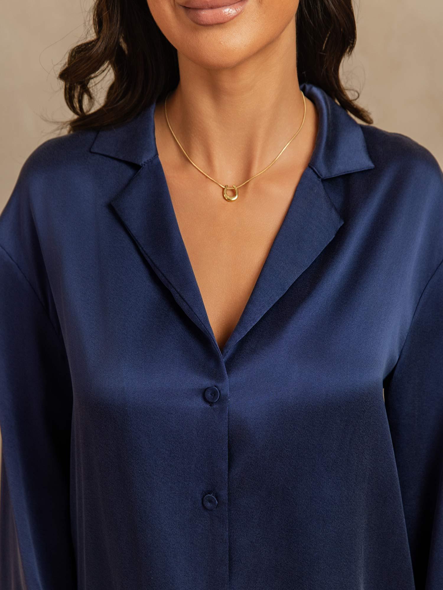 [Dark Blue] SilkSilky-CA 19Momme Machine-Washable Silk Long Sleeve Notch Collar Women's Pajamas 004