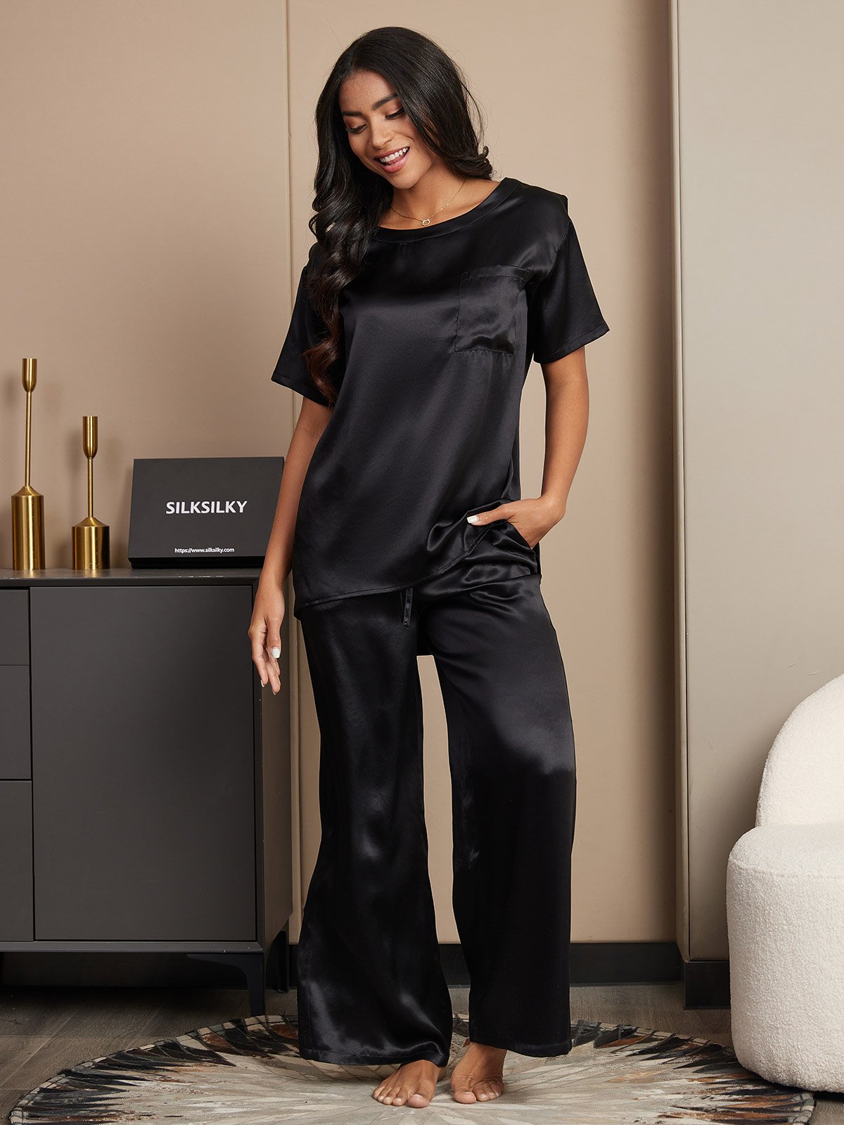 [Black] SilkSilky-CA Pure Silk Short Sleeve Womens Pajamas 001