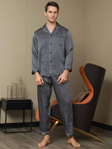 [Navy Ginkgo] SilkSilky-CA 19Momme Long Sleeve Notch Collar Men's Pajamas 015