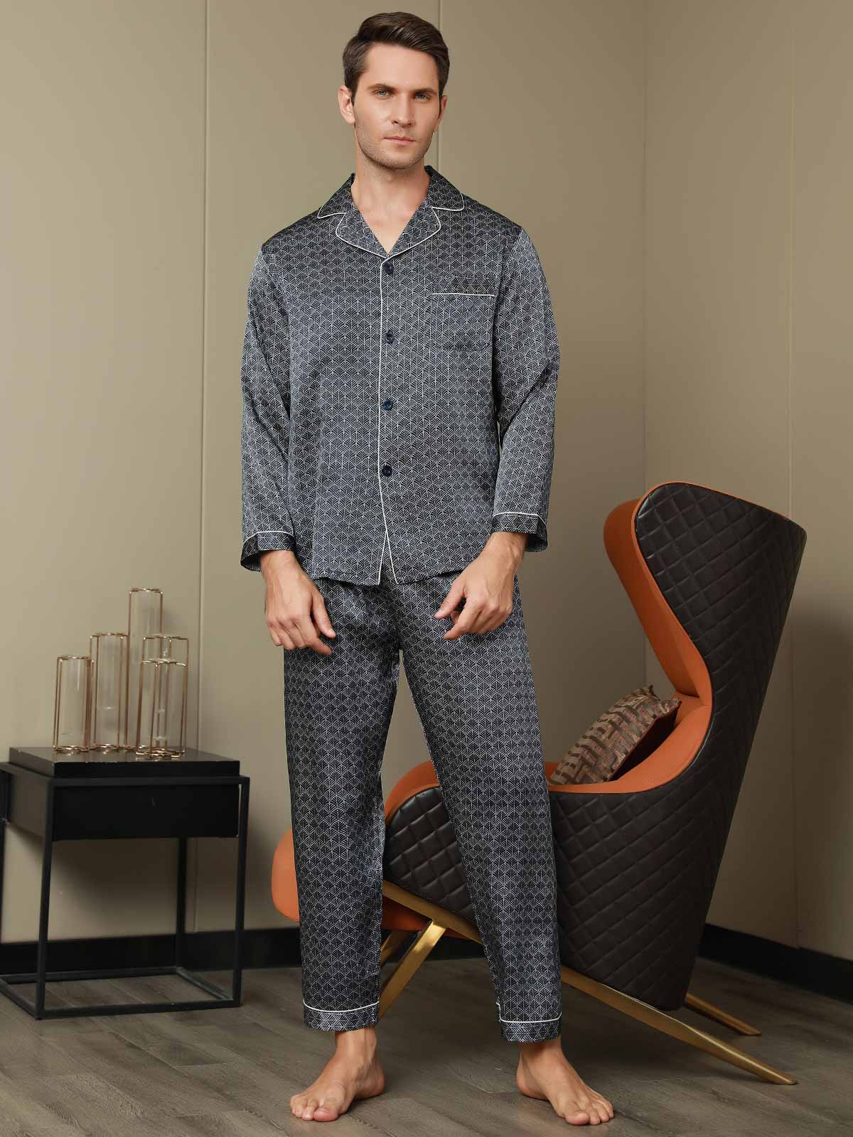 [Navy Ginkgo] SilkSilky-CA 19Momme Pure Silk Mens Pajamas 007