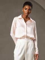 [Pink] SilkSilky-CA 19Momme Stretch Silk Charmeuse Long Sleeve Lapel Collar Women's Shirt 001
