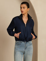 [Black+DarkBlue] SilkSilky-CA 18Momme Silk Satin Surah Long Sleeve Stand Collar Women's Outerwear 001