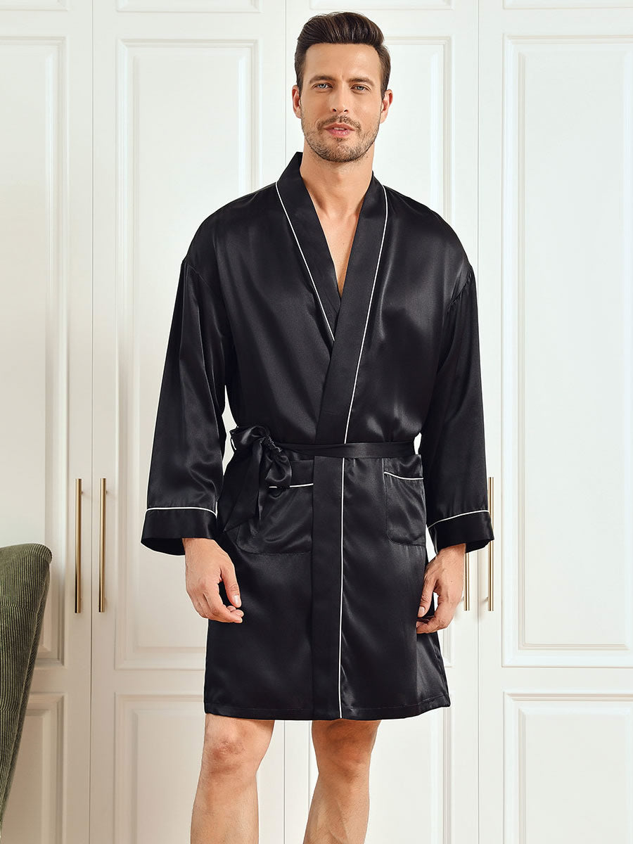 SilkSilky CA Pure Silk 3/4 Sleeve Mens Robe Black 001