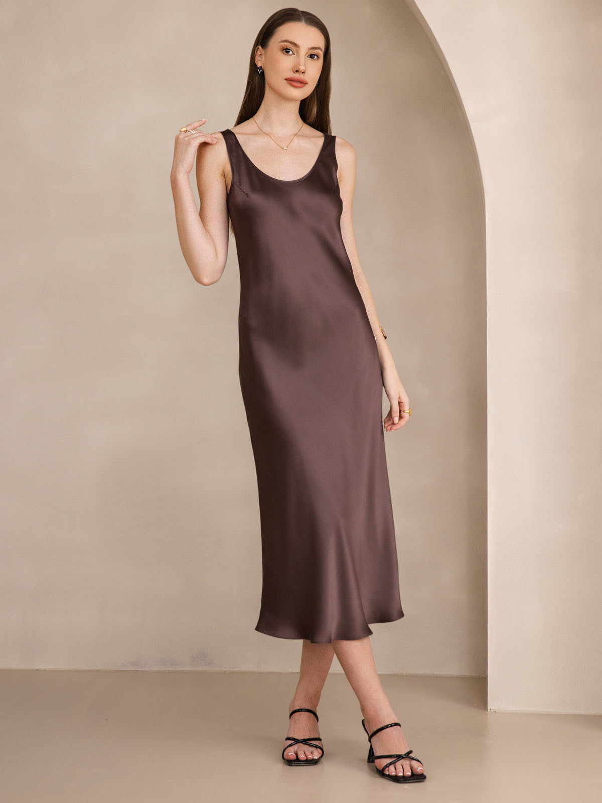 [Coffee] SilkSilky-CA Pure Silk Boat Neck Dress 005