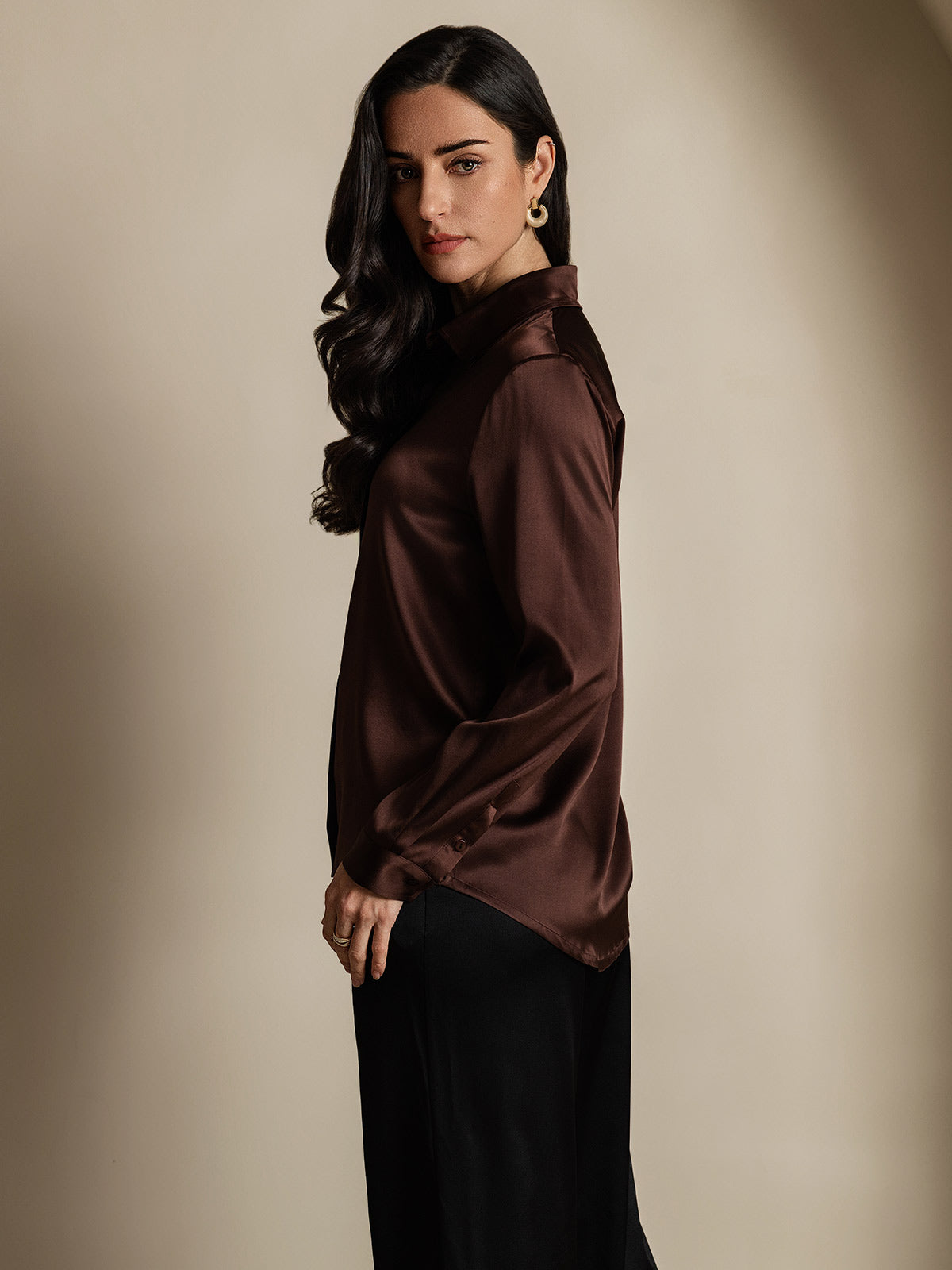 SilkSilky-CA 19Momme Silk Long Sleeve Collar Women's Shirt Coffee 004