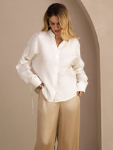 [White] SilkSilky-CA Long Sleeve Split Women's Blouse 001