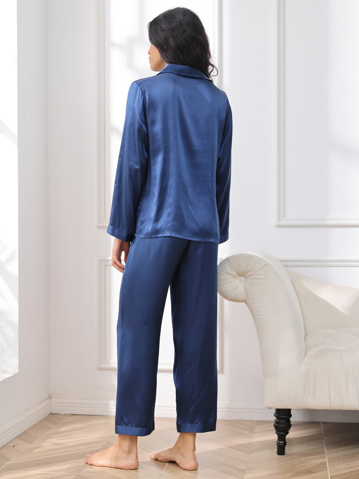 SilkSilky-CA Pure Silk Long Sleeve Lapel Women's Pajamas DarkBlue 002