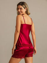 [Wine] SilkSilky-CA Spaghetti Strap V Neck Camisole Set 002
