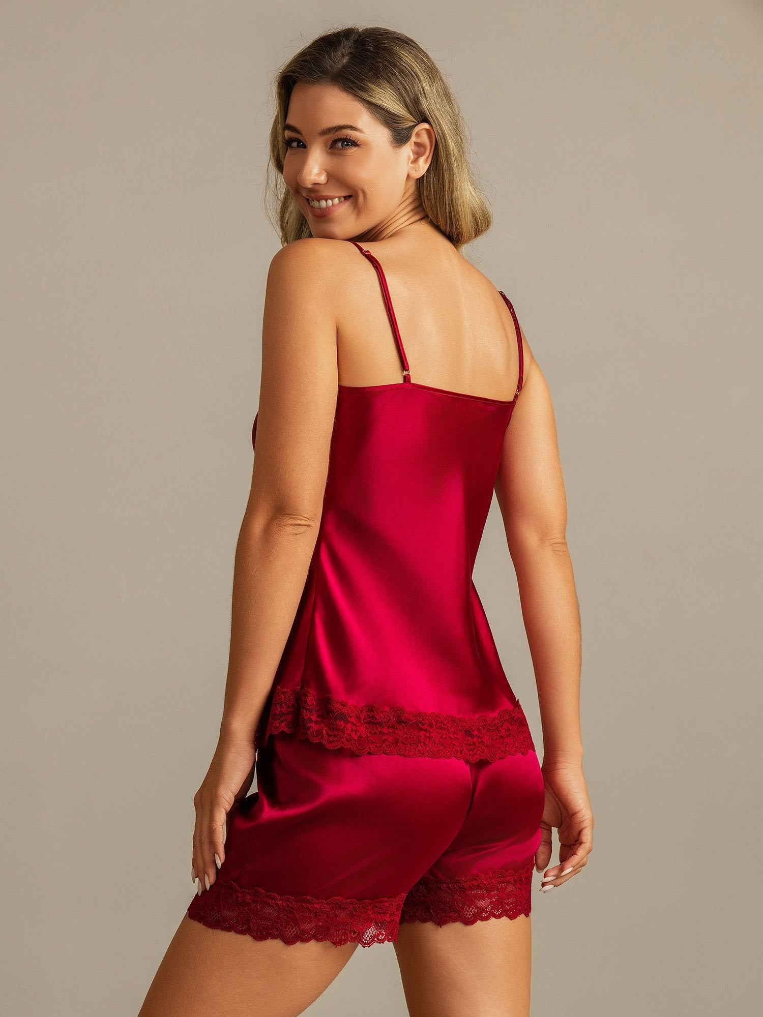 [Wine] SilkSilky-CA Spaghetti Strap V Neck Camisole Set 002