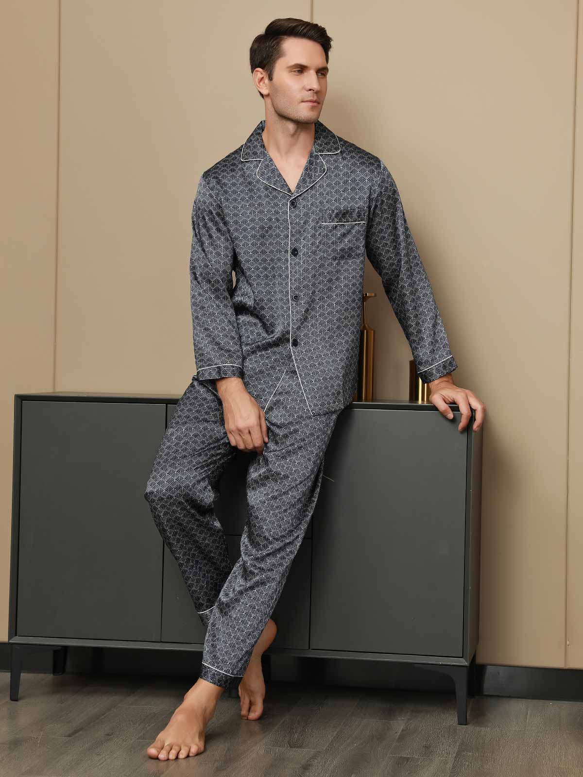 [Navy Ginkgo] SilkSilky-CA 19Momme Long Sleeve Notch Collar Men's Pajamas 001