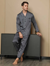 [Navy Ginkgo] SilkSilky-CA Long Sleeve Lapel Collar Men's Pajamas 001