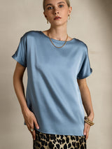 [Grayish Blue] SilkSilky-CA Short Sleeve Boat Neck Women's T-Shirt 005