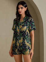 [Black Serval] SilkSilky-CA Short Sleeve Notch Collar Women's Pajamas 003