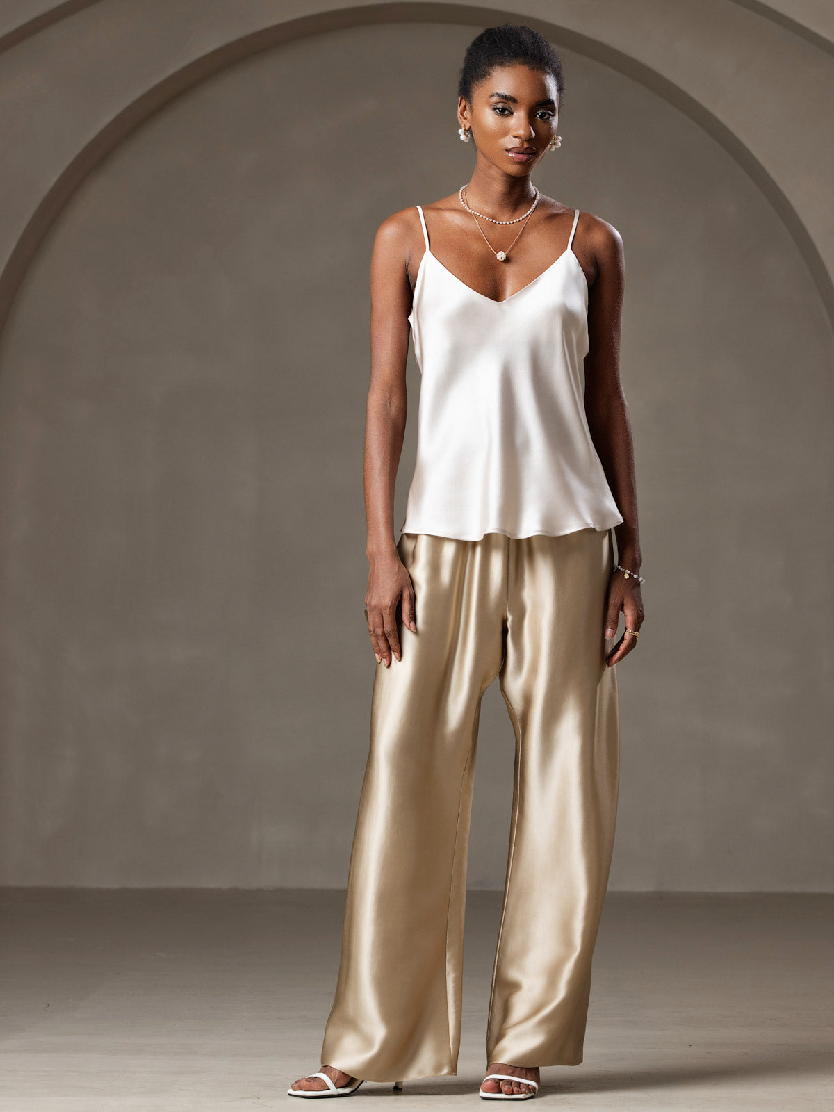 [Beige] SilkSilky-CA Pure Silk V Neck Camisole 003