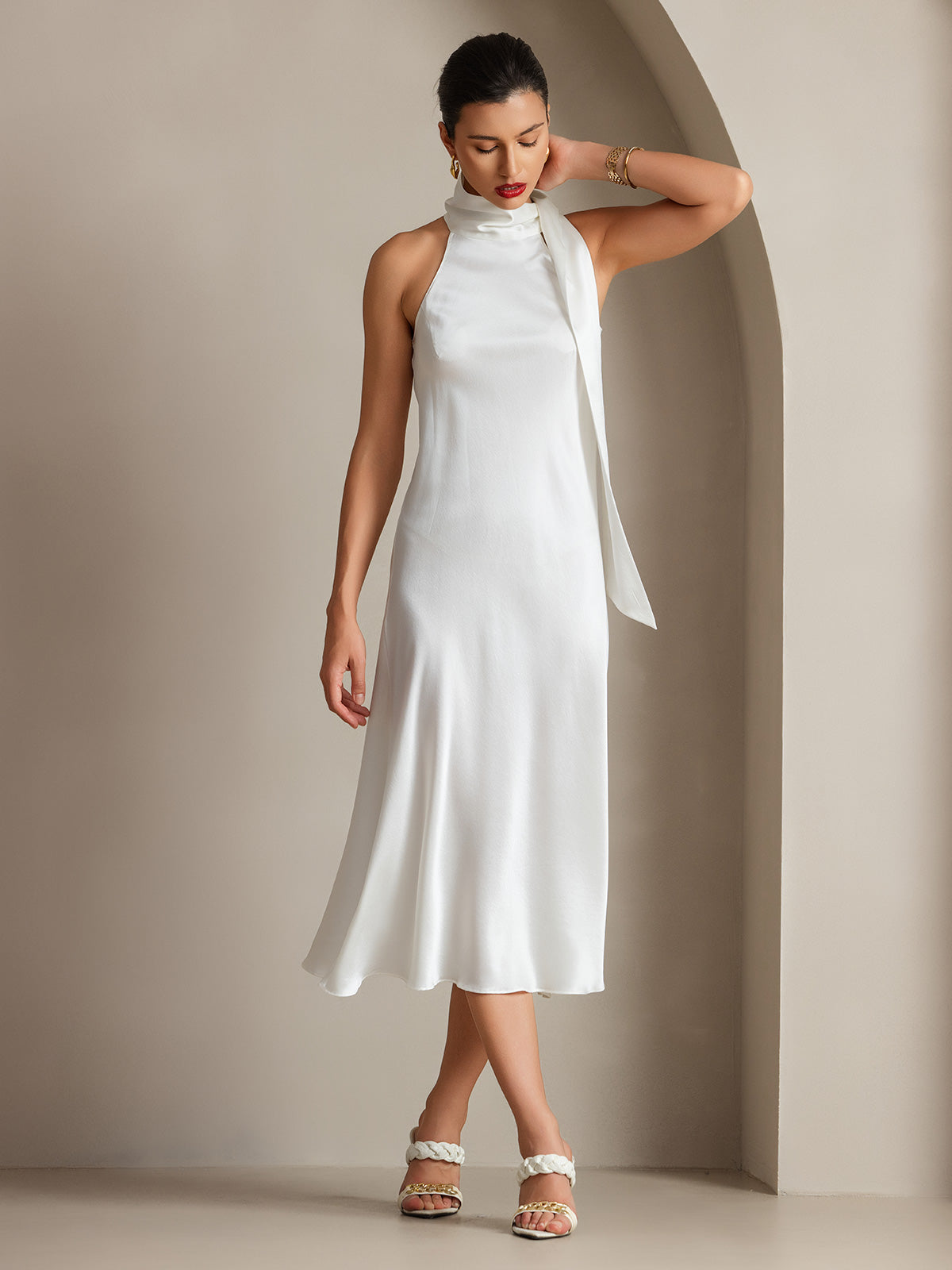 SilkSilky CA 19Momme Silk Sleeveless Tie Neck Dress White 007