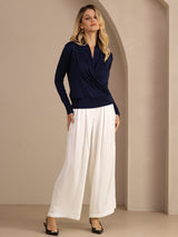 [Dark Blue] SilkSilky-CA Long Sleeve Wrap Women's Blouse 007