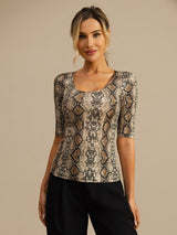 [Snakeskin] SilkSilky-CA 100% Silk Jersey Half Sleeve Scoop Neck Women's T-Shirt 001