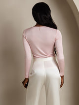 [Coral Pink] SilkSilky-CA Silk Jersey Long Sleeve Round Neck Women's T-Shirt 002