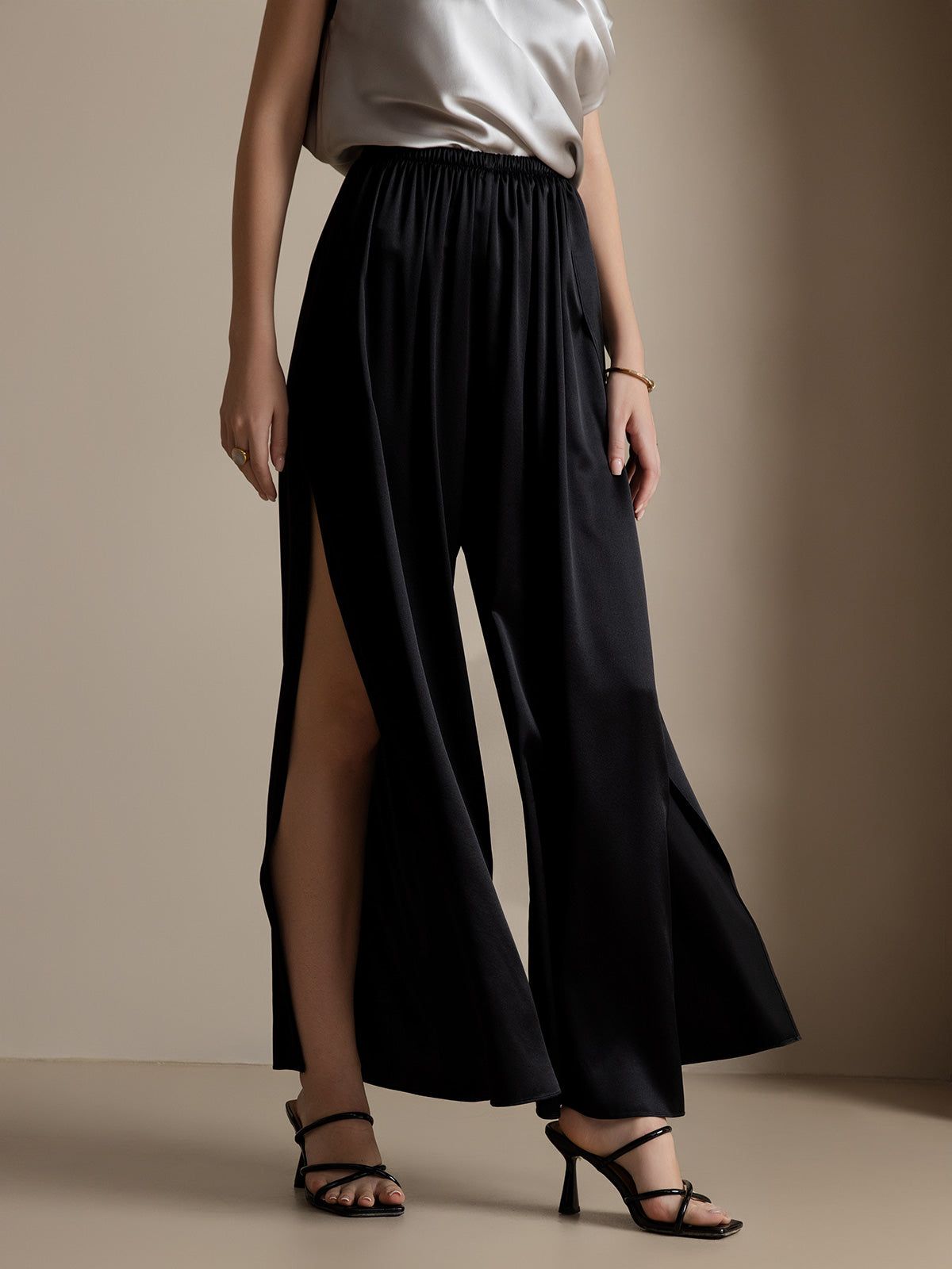 [Black] SilkSilky-CA 19Momme Silk Split Women's Pants 001