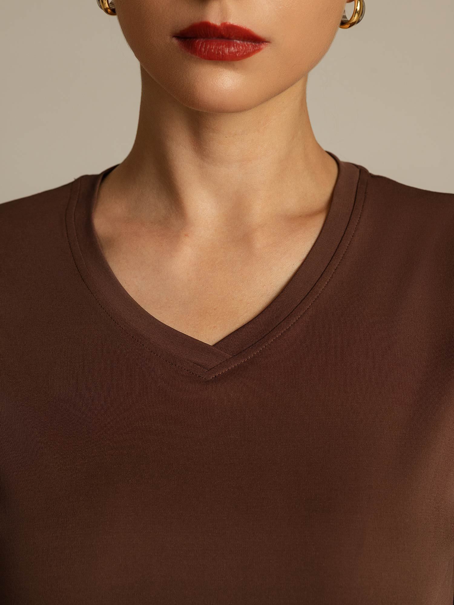 [Coffee] SilkSilky-CA Pure Silk V Neck Women's T-Shirt 004