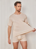 SilkSilky-CA Silk Knitted Short Sleeve Round Neck Men's T-Shirt Beige 003