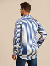 [Navy Stripe] SilkSilky-CA 19Momme Stretch Silk Charmeuse Long Sleeve Lapel Collar Men's Shirt 002