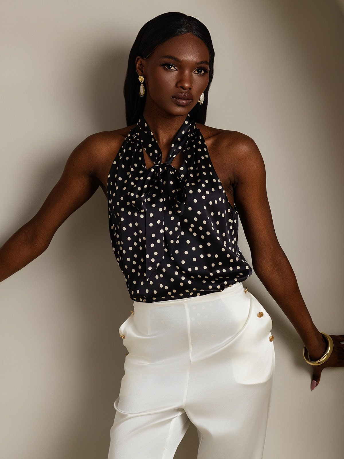 SilkSilky-CA 19Momme Silk Sleeveless Tie Neck Women's Shirt Black+White 005