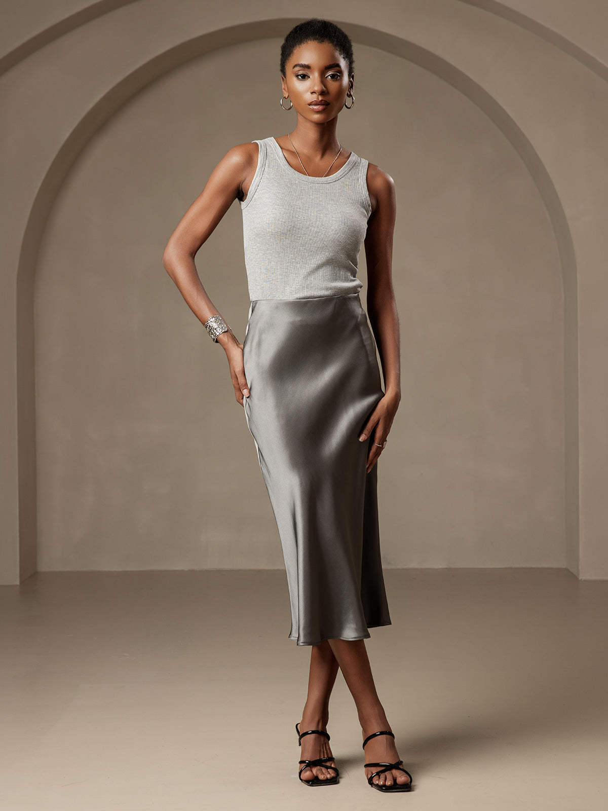 [Dark Gray] SilkSilky-CA 19Momme Pure Silk Skirt 003,