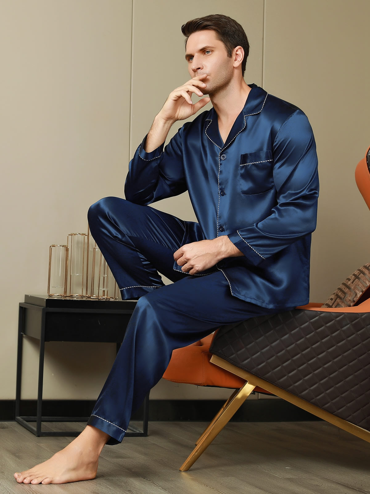 SilkSilky CA Pure Silk Long Sleeve Lapel Men's Pajamas DarkBlue 001