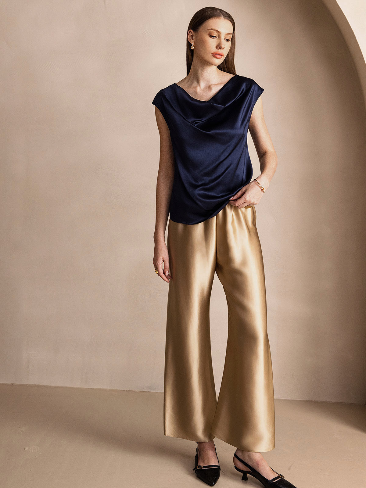 [Dark Blue] SilkSilky-CA 19Momme Silk Cowl Neck Women's T-Shirt 007