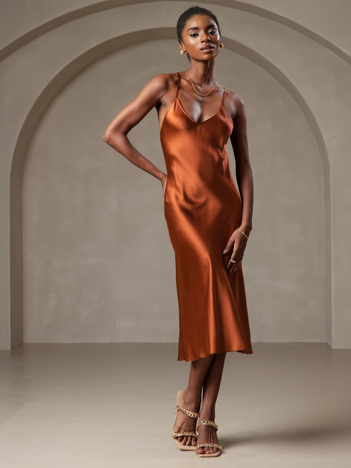 SilkSilky-CA Pure Silk Sleeveless V Neck Dress Caramel 003