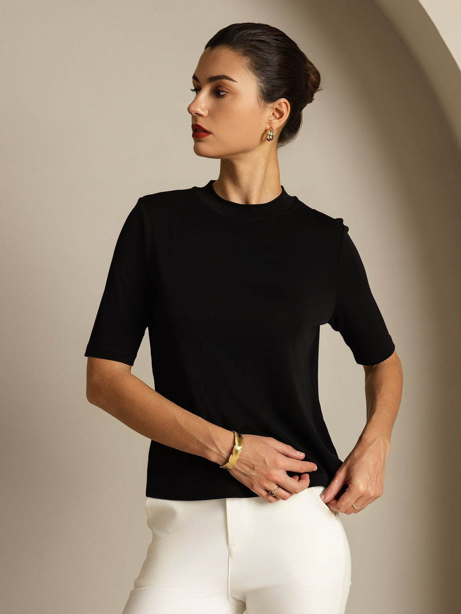 [Black] SilkSilky-CA Pure Silk Round Neck Women's T-Shirt 005