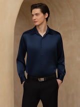 [Dark Blue] SilkSilky-CA 19Momme Stretch Silk Charmeuse Long Sleeve Lapel Collar Men's Shirt 001
