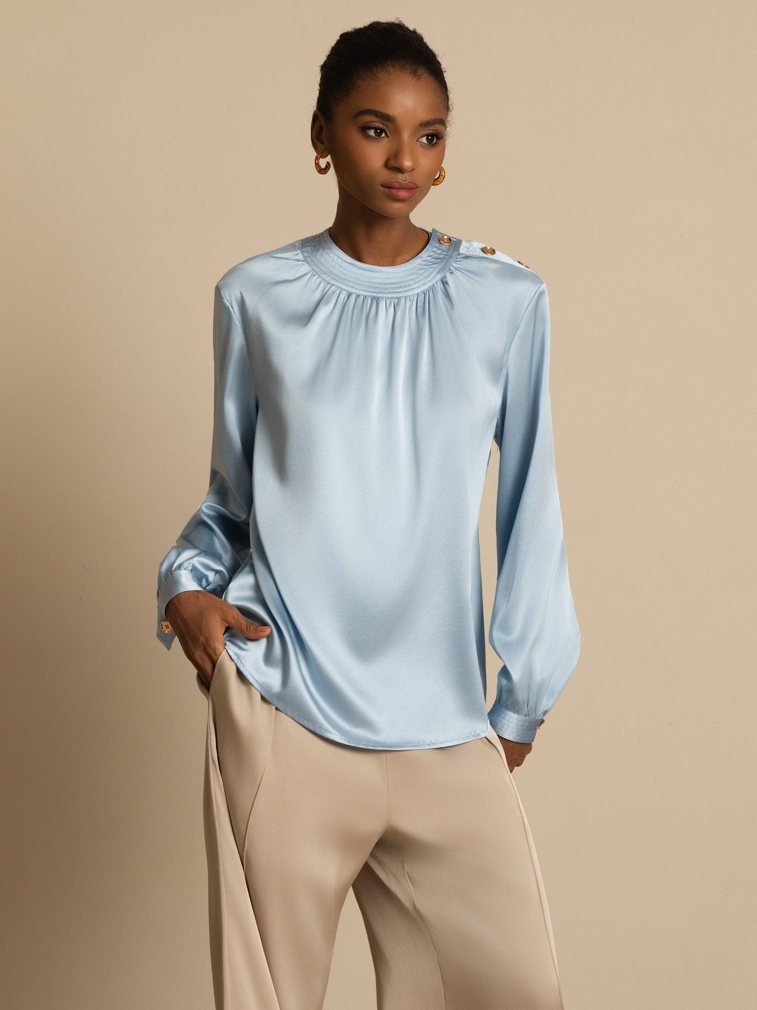[Grayish Blue] SilkSilky-CA 19Momme Stretch Silk Charmeuse Long Sleeve Round Neck Blouse 003