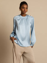 [Grayish Blue] SilkSilky-CA 19Momme Stretch Silk Charmeuse Long Sleeve Round Neck Blouse 003