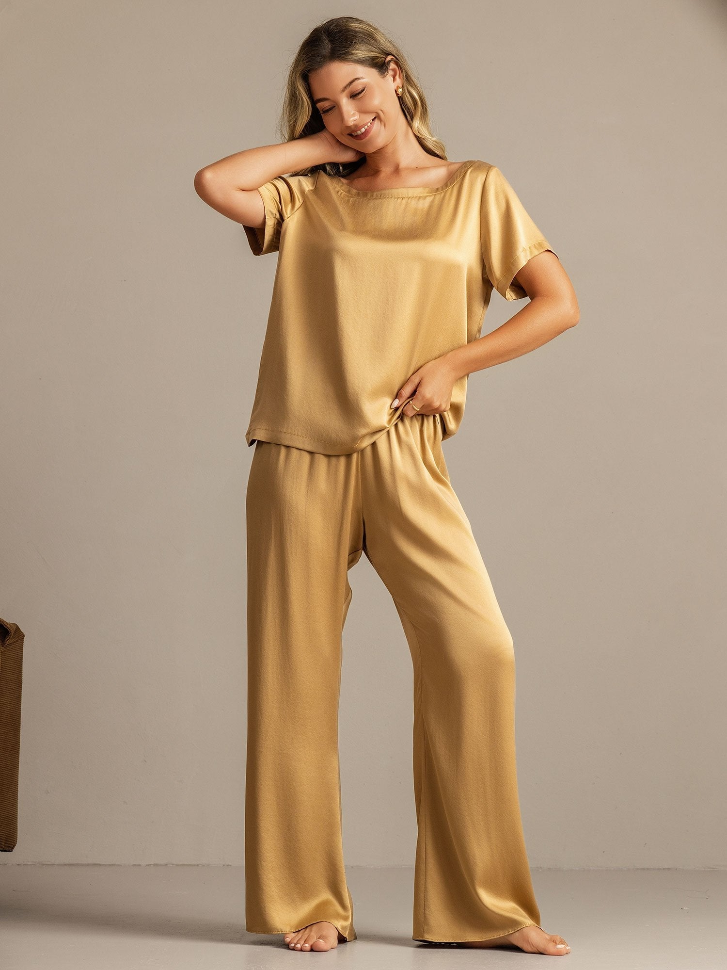 [Tan] SilkSilky-CA 19Momme Washable Silk Womens Pajamas 001