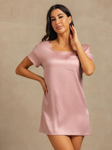 [Peach Skin] SilkSilky-CA 19Momme Machine-Washable Silk Short Sleeve Round Neck Nightgown 007