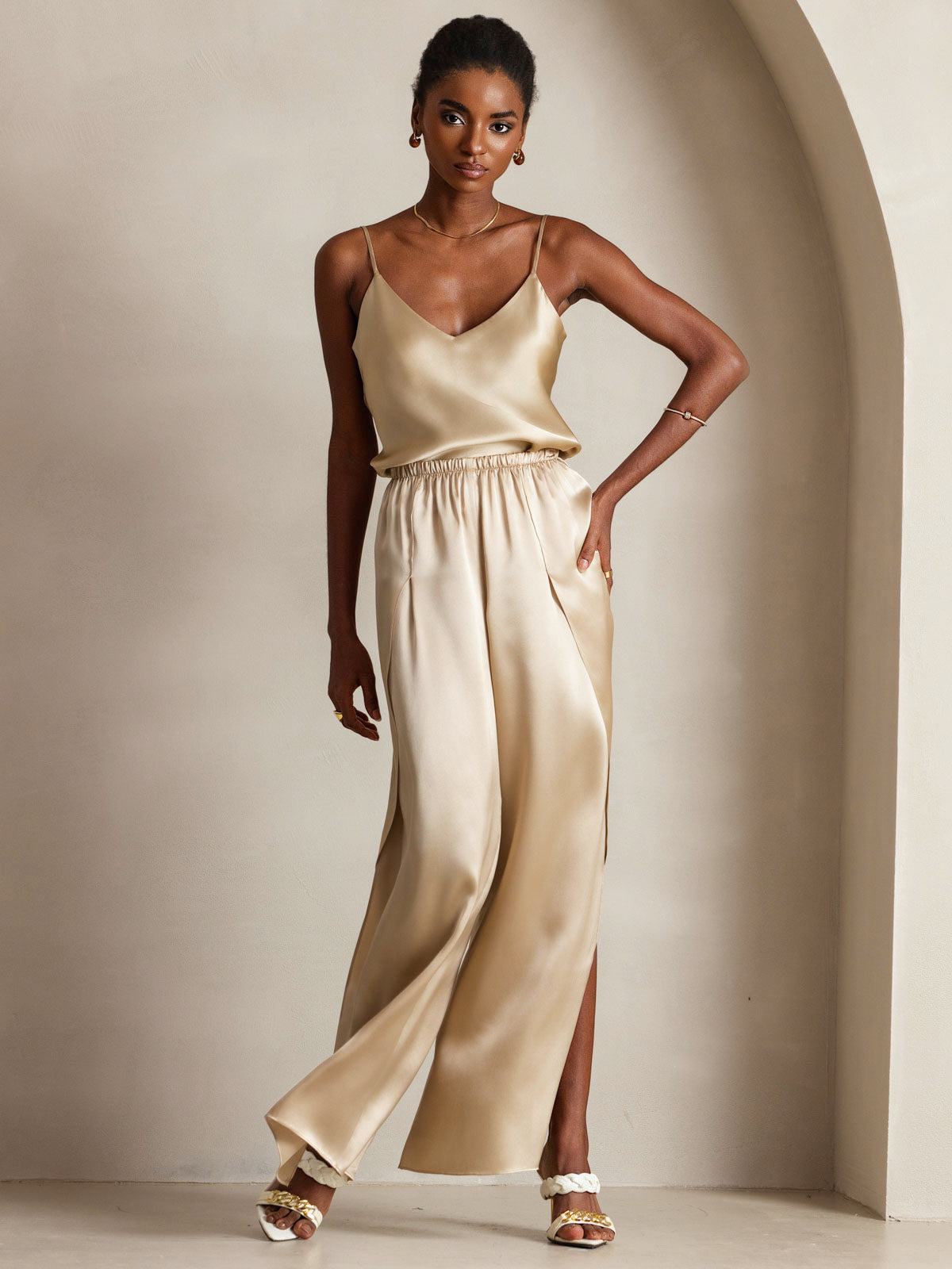 [Champagne] SilkSilky-CA Pure Silk V Neck Camisole 003