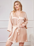 SilkSilky-CA Pure Silk Long Sleeve Deep V Neck Plus Size Robe Champagne 003