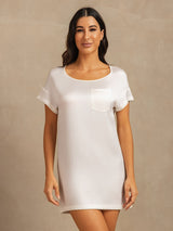 [White] SilkSilky-CA 19Momme Machine-Washable Silk Short Sleeve Round Neck Nightgown 003