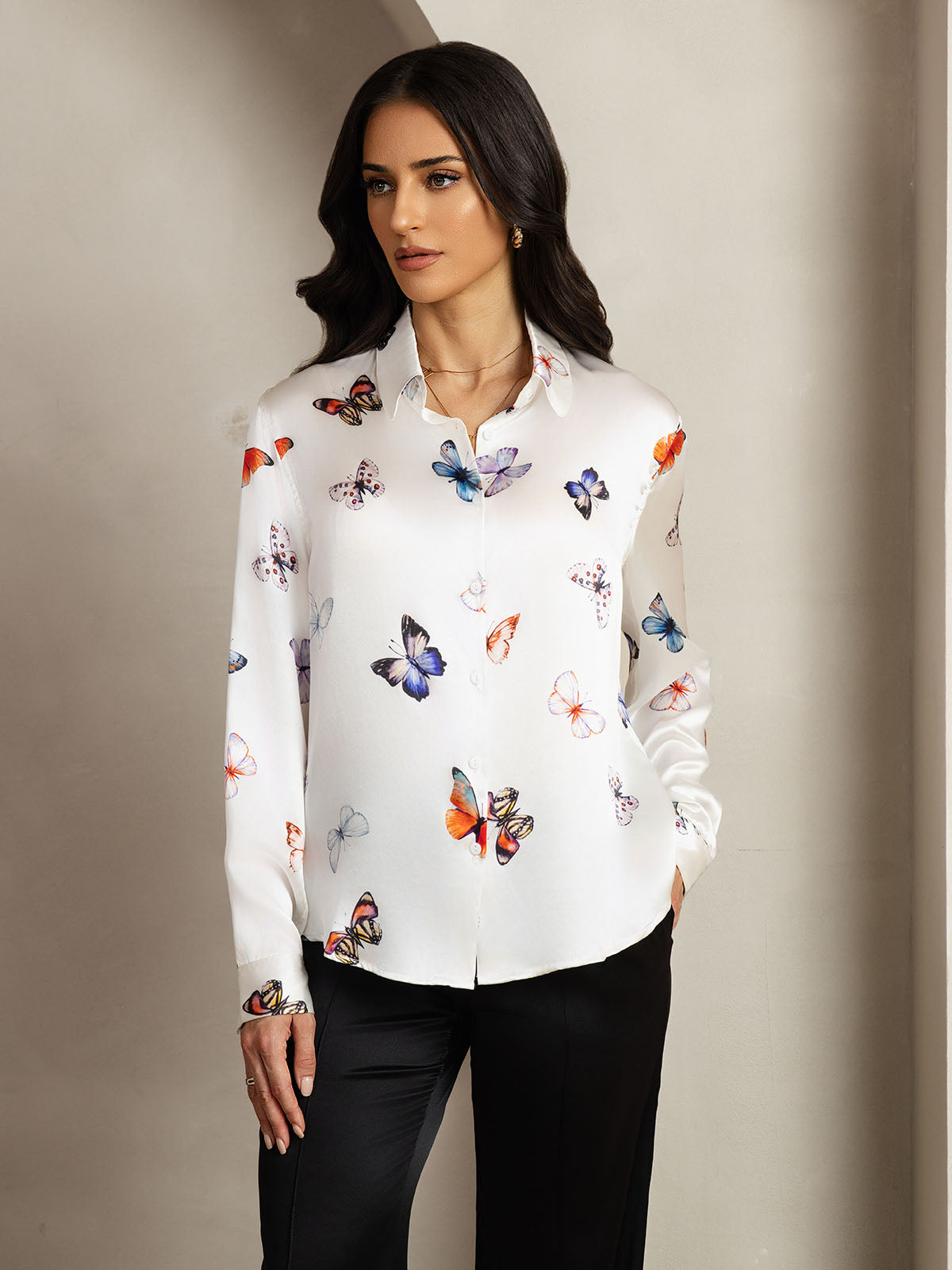 [White Butterfly] SilkSilky-CA Silk Lapel Collar Women's Shirt 005