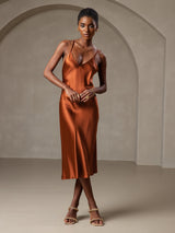 [Caramel] SilkSilky-CA Pure Silk Sleeveless V Neck Dress 005