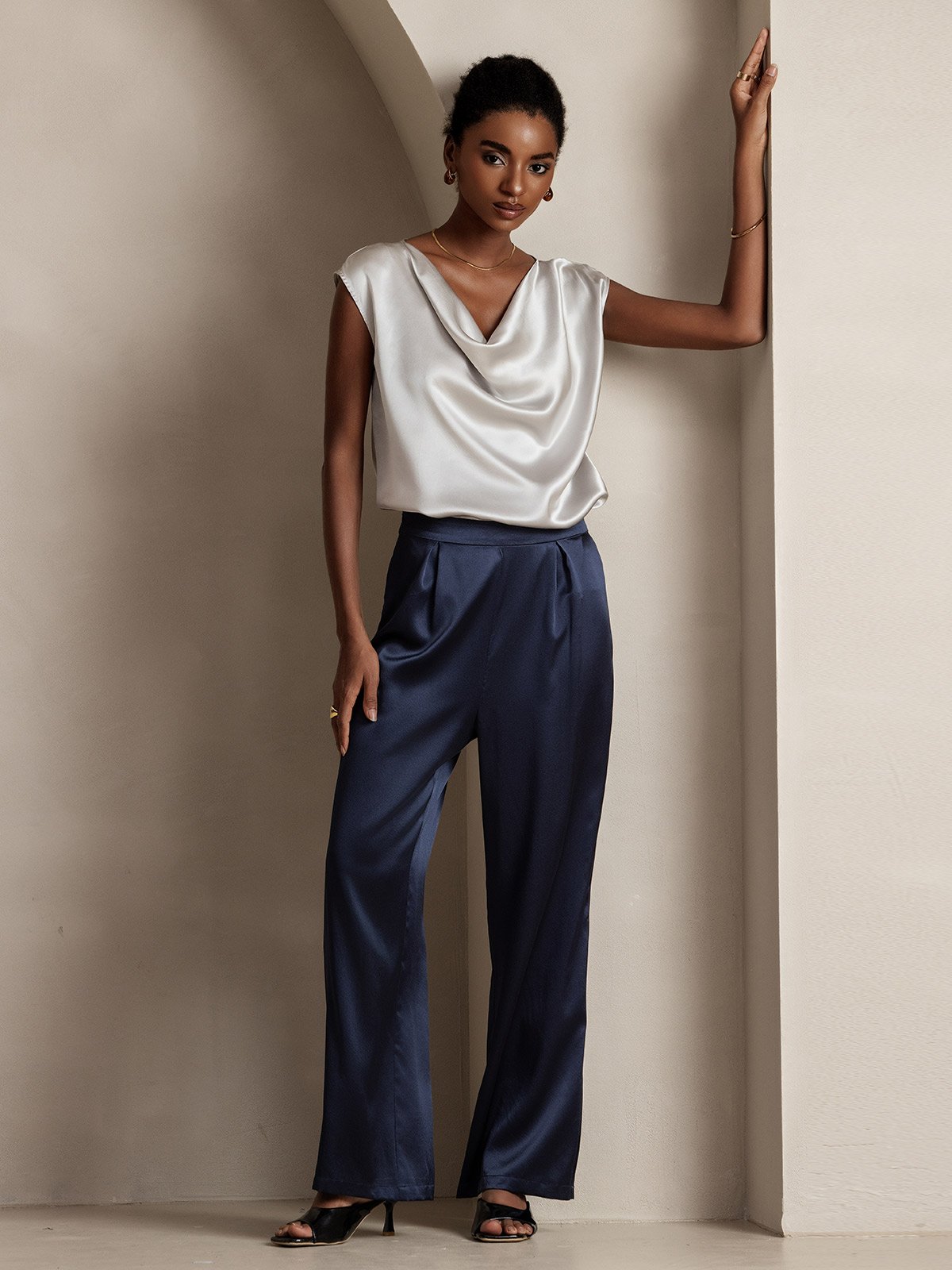 [Light Gray] SilkSilky-CA 19Momme Silk Cap Sleeve Cowl Neck Women's T-Shirt 008