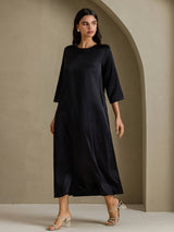 [Black] SilkSilky-CA 3/4 Sleeve Round Neck Dress 005