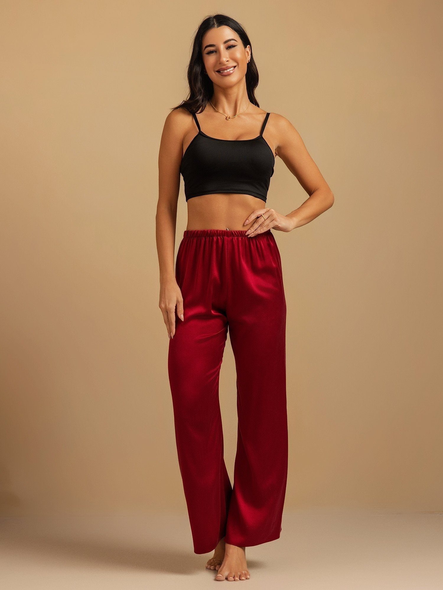 [Wine] SilkSilky-CA 19Momme Machine-Washable Silk Womens Sleep Bottoms 009