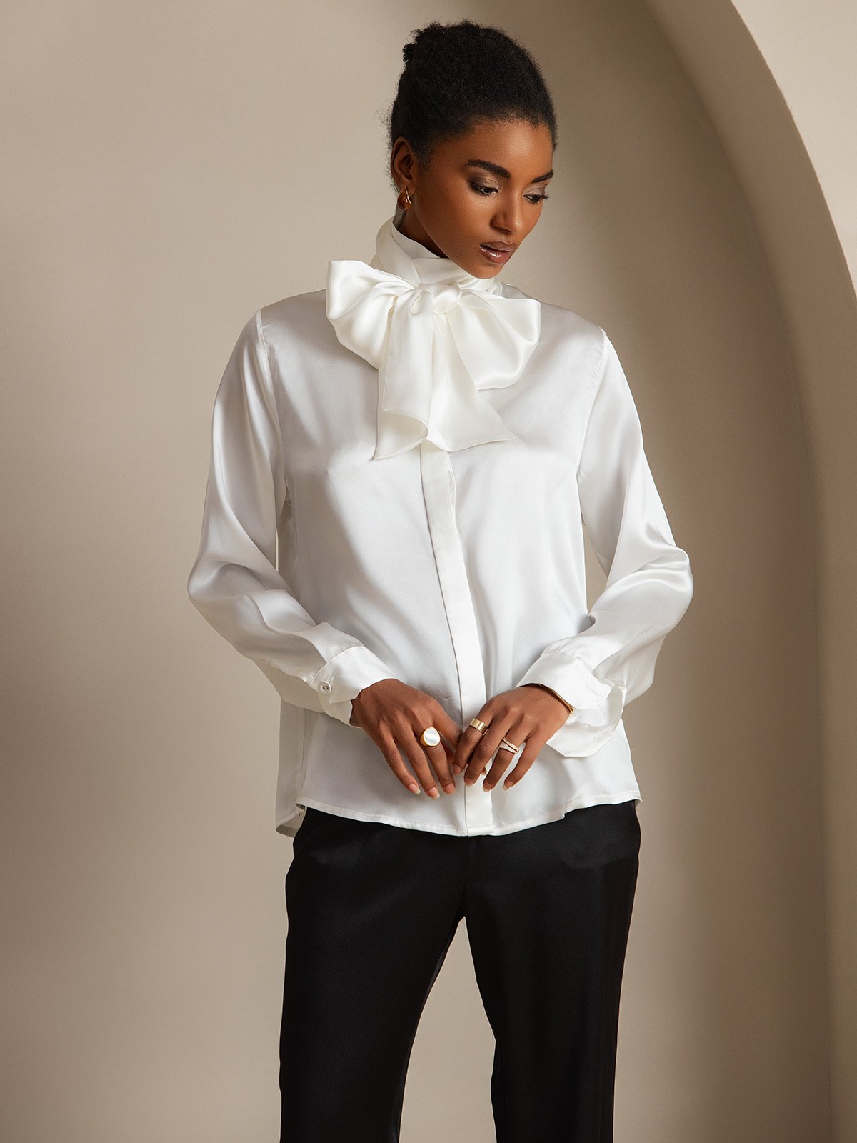 [White] SilkSilky-CA 19Momme Silk High Neck Women's Shirt 001,