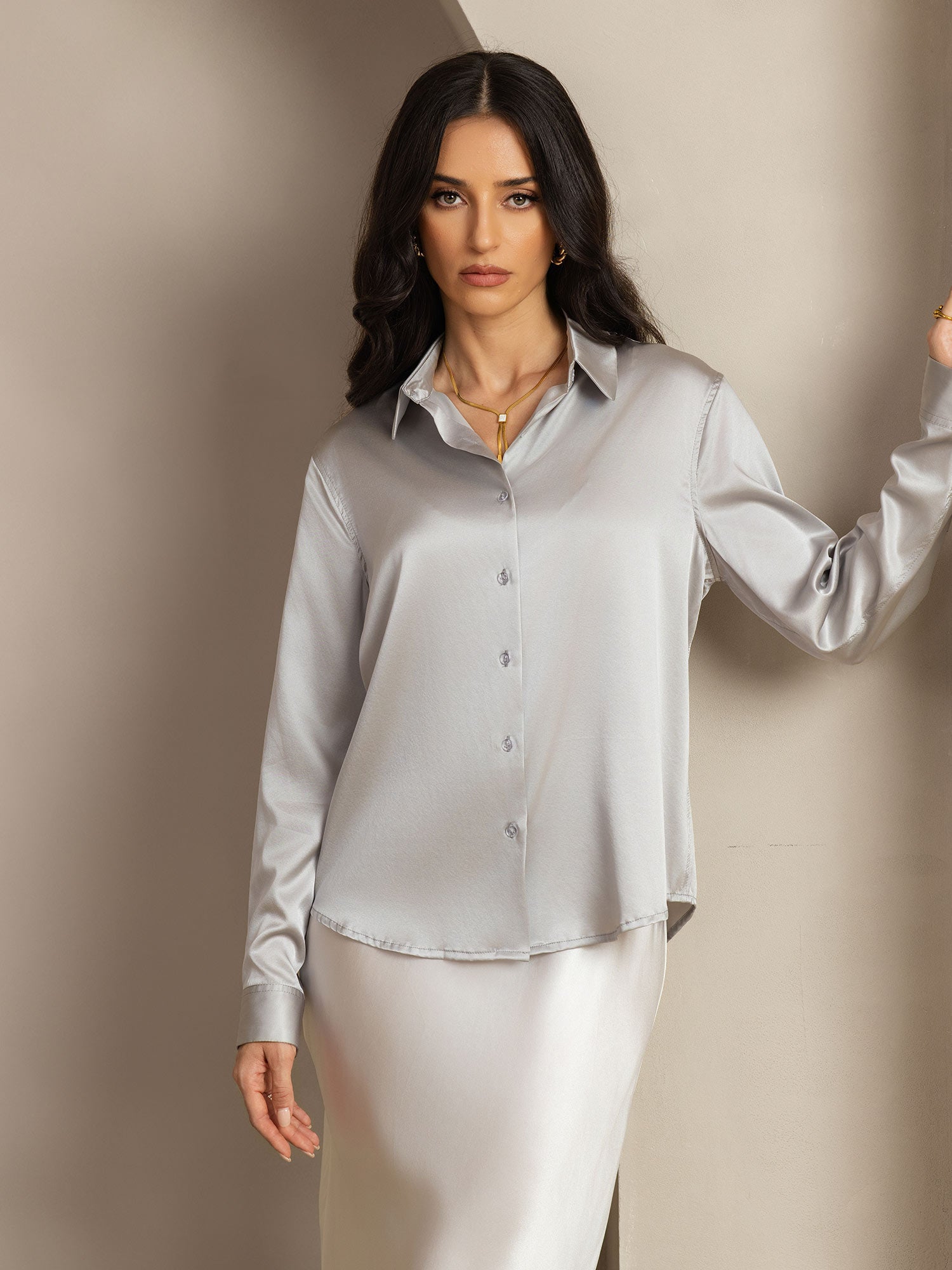 [Light Gray] SilkSilky-CA Silk Lapel Collar Women's Shirt 008