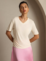[Beige] SilkSilky-CA 100% High-Twist Silk Jersey Short Sleeve V Neck Women's T-Shirt 001