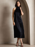 SilkSilky CA 19Momme Silk Sleeveless High Neck Dress Black 001