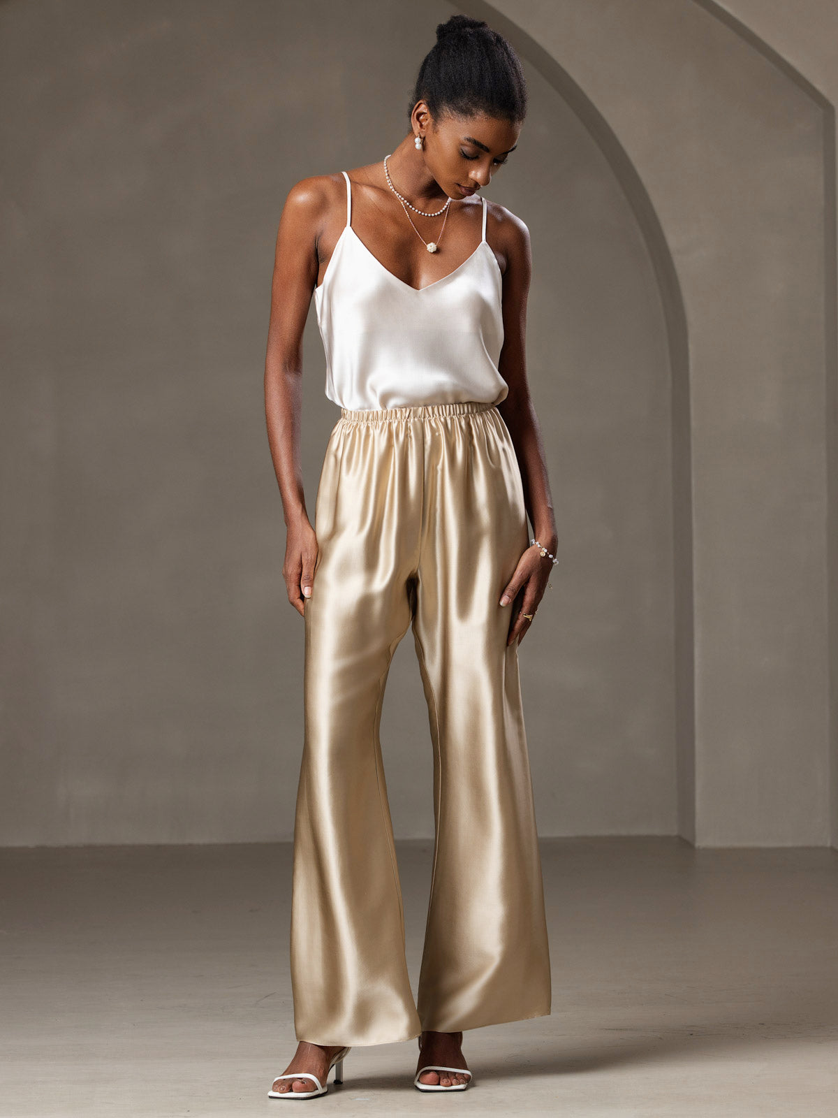 [Beige] SilkSilky-CA Pure Silk V Neck Camisole 005